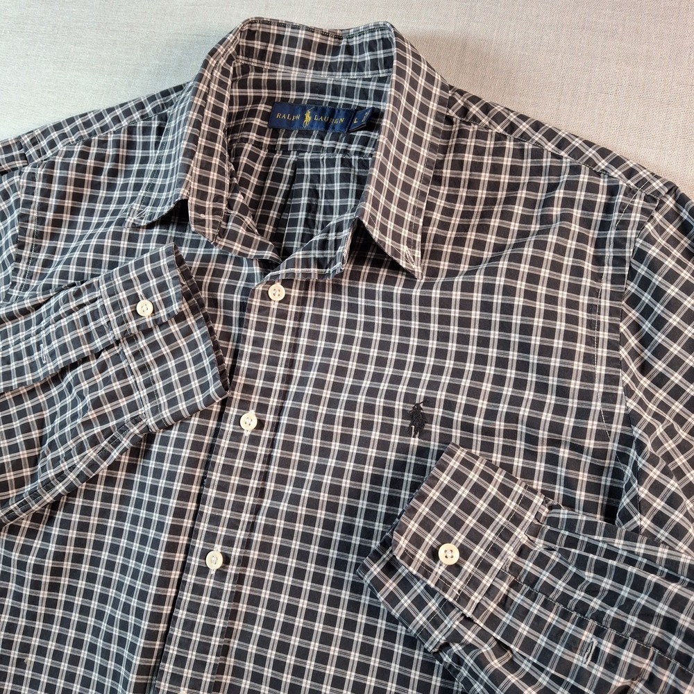 Ralph Lauren Button Down Shirt Mens L Black White Plaid Long Sleeve Cotton Logo